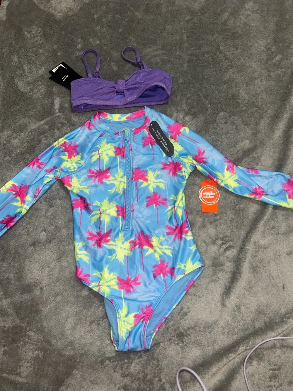 Wonder Nation Girls' Blue Palm-Print Long-Sleeve Swimsuit with bonus purple top